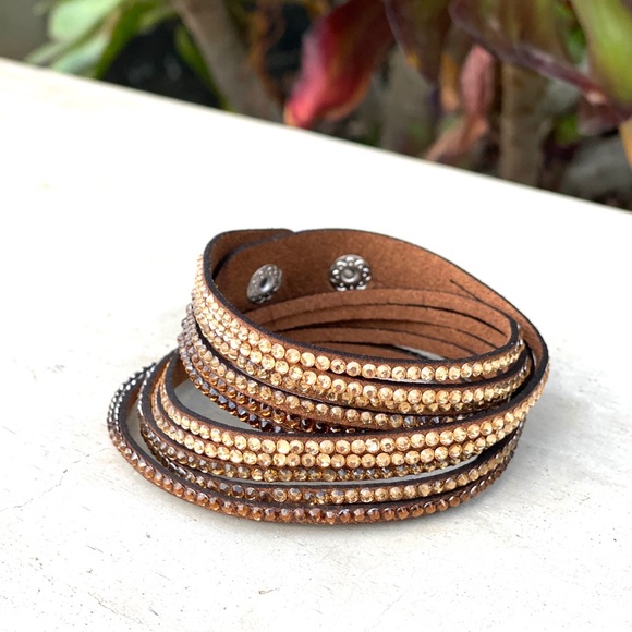 GUESS double wrap bracelet faux leather rhinestone ombré copper cuff metallic - Picture 2 of 8